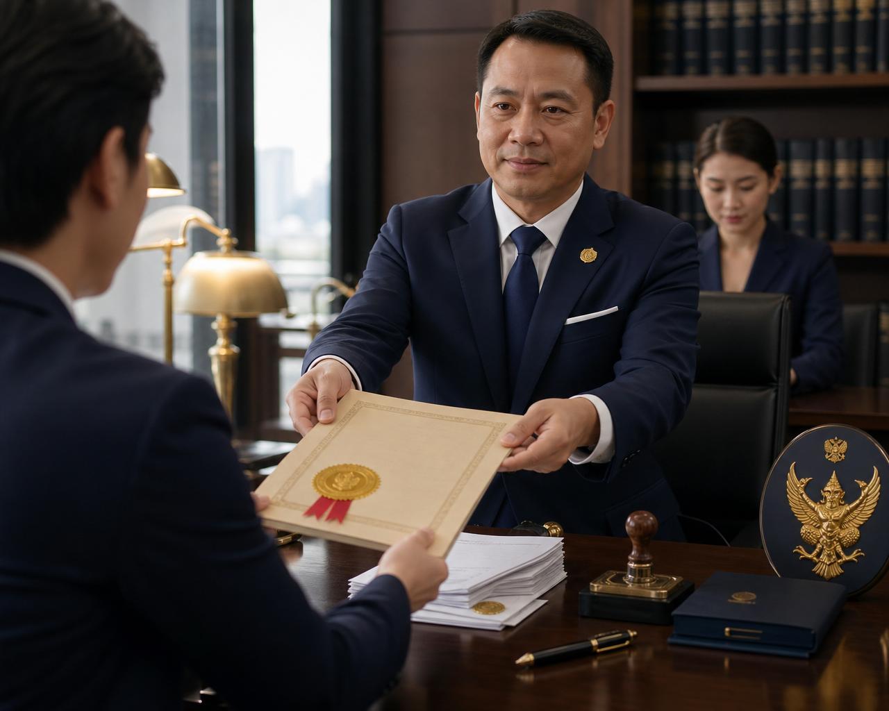 ทนาย Notary Public ของ NAATI ส่งมอบเอกสารที่รับรองแล้วพร้อมตราประทับทองให้ลูกค้าในสำนักงานกฎหมาย
